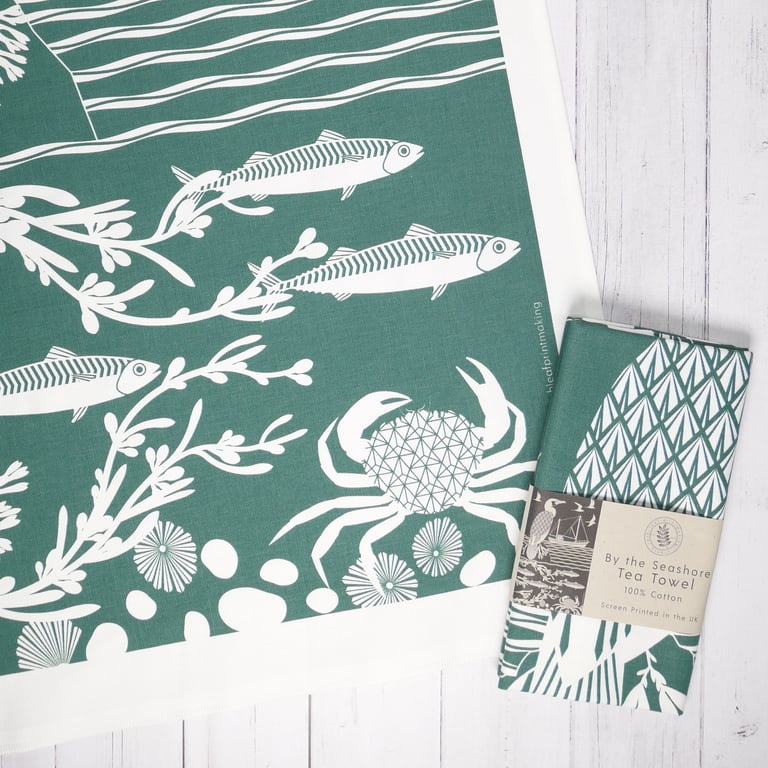 Teal Seashore Tea Towel: Screen Printed Crab, Fish Design