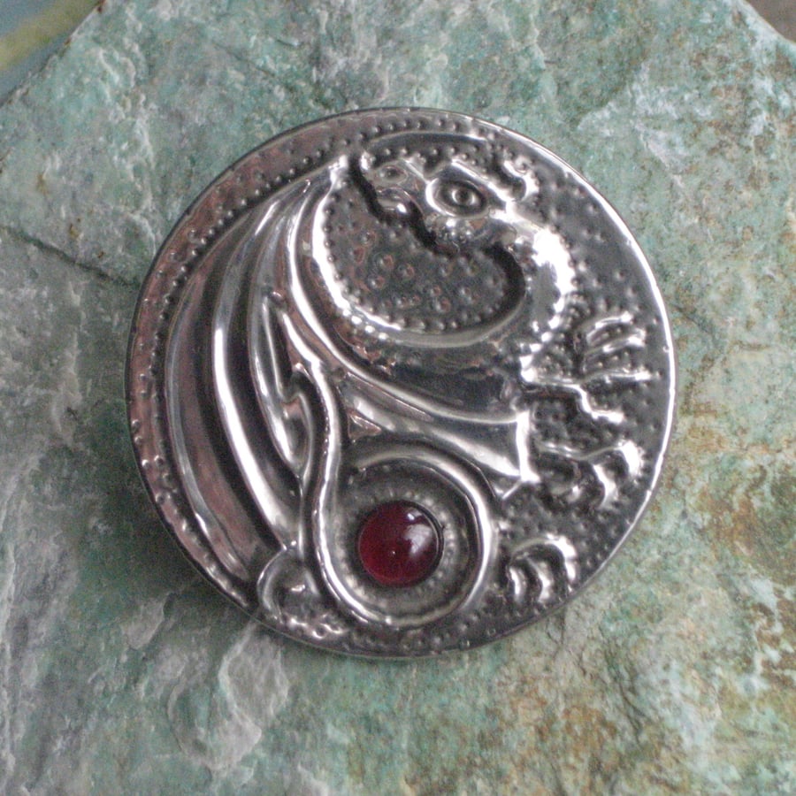 Silver Pewter Dragon Brooch with Garnet