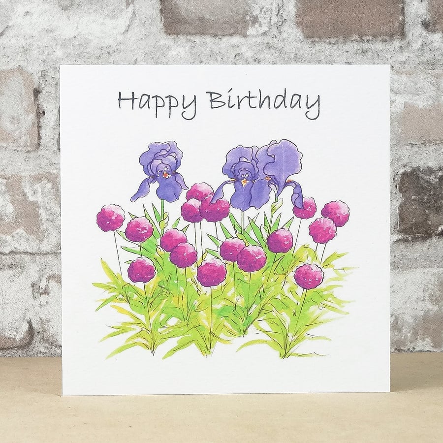 Birthday Card Iris and Allium Garden