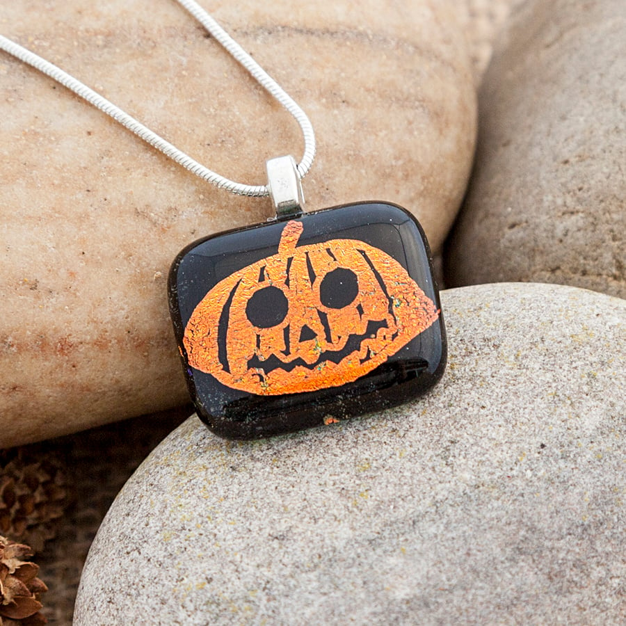 Scared Carved Pumpkin Etched Dichroic Fused Glass Halloween Pendant Necklace