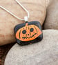 Scared Carved Pumpkin Etched Dichroic Fused Glass Halloween Pendant Necklace - Image 1