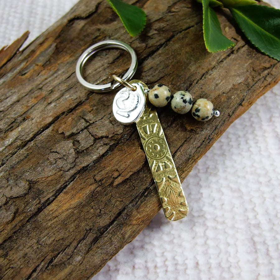Bag Charm, Brass with Sterling Silver Phoenix Pebble and Jasper Gemstones