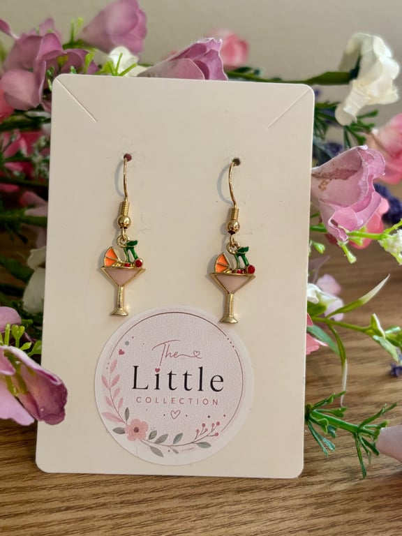 Martini Cocktail Dangle Earrings, Enamel Cocktail Charms, Handmade Jewellery