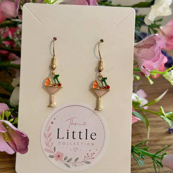 Martini Cocktail Dangle Earrings, Enamel Cocktail Charms, Handmade Jewellery