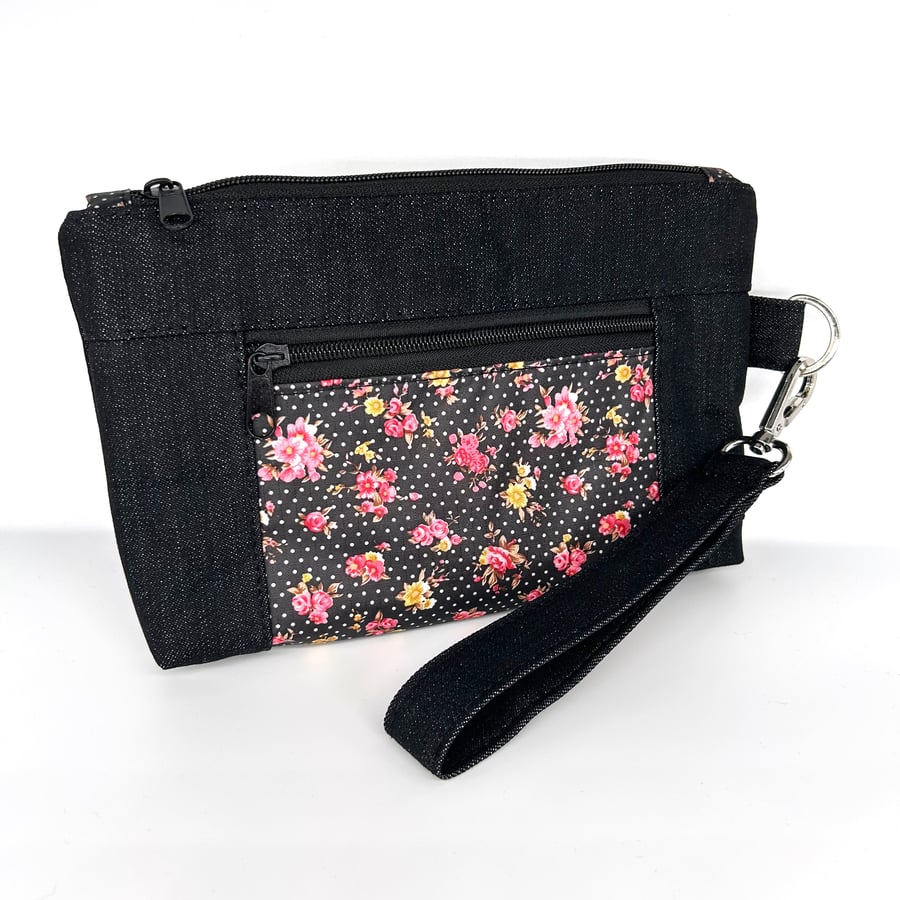 Black denim and floral zipper pouch. flower print accent pocket. 