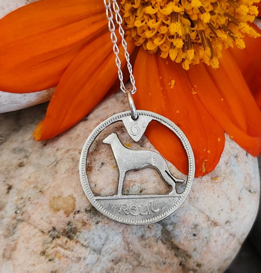 Upcycled Irish ixpence coin pendant with Wolfhound dog cut out