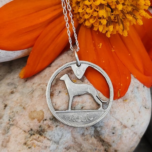 Upcycled Irish ixpence coin pendant with Wolfhound dog cut out