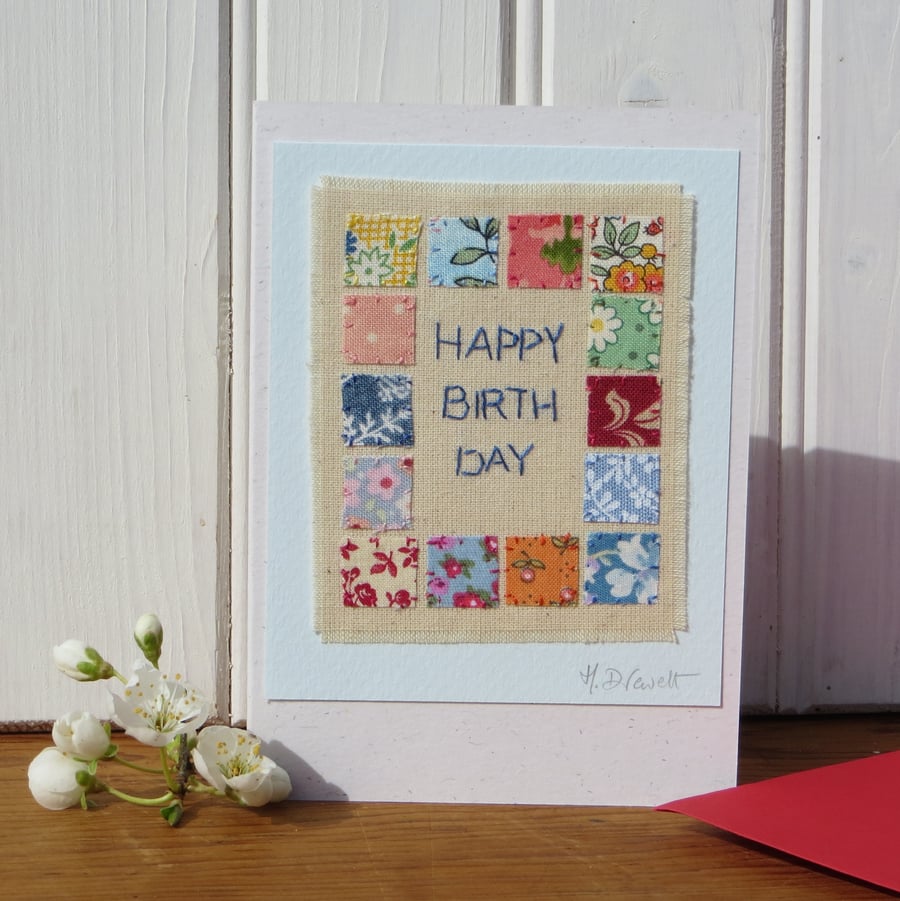 Pretty birthday card with 'patchwork' border, hand-stitched miniature to keep