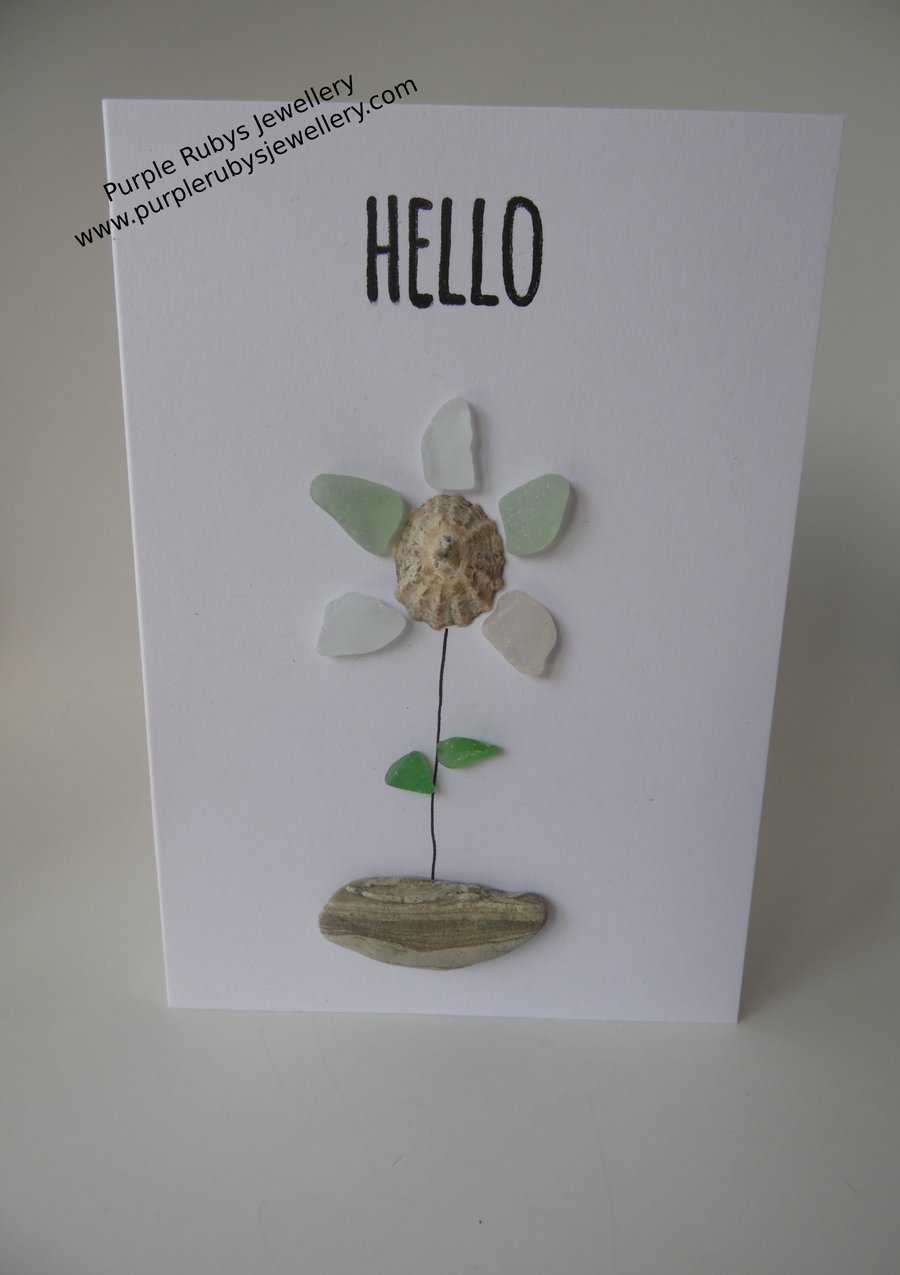 Sea Foam & Shell Flower in Beach Pebble Vase 'Hello' Card C314