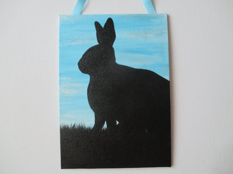 Bunny Rabbit Silhouette Original Painting Canvas Art Blue Sky