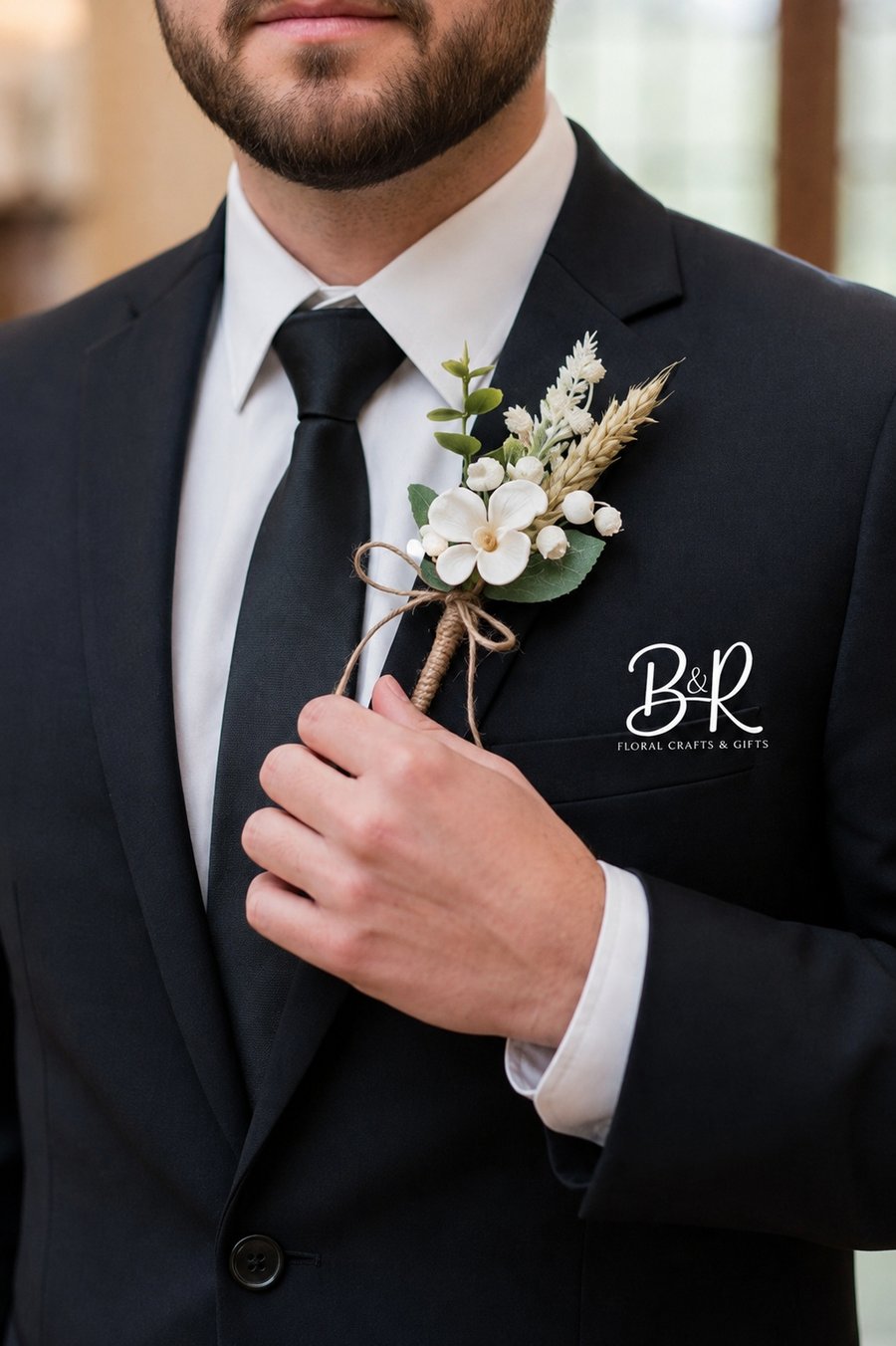 Artificial Buttonhole: Ivory White Flowers, Lily of the Valley, Wheat, Twine