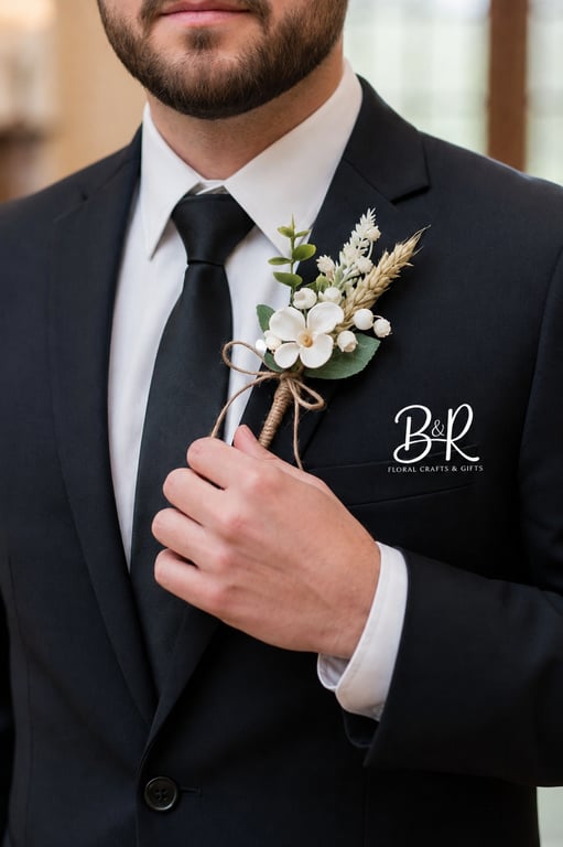 Artificial Buttonhole: Ivory White Flowers, Lily of the Valley, Wheat, Twine