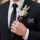 Artificial Buttonhole: Ivory White Flowers, Lily of the Valley, Wheat, Twine