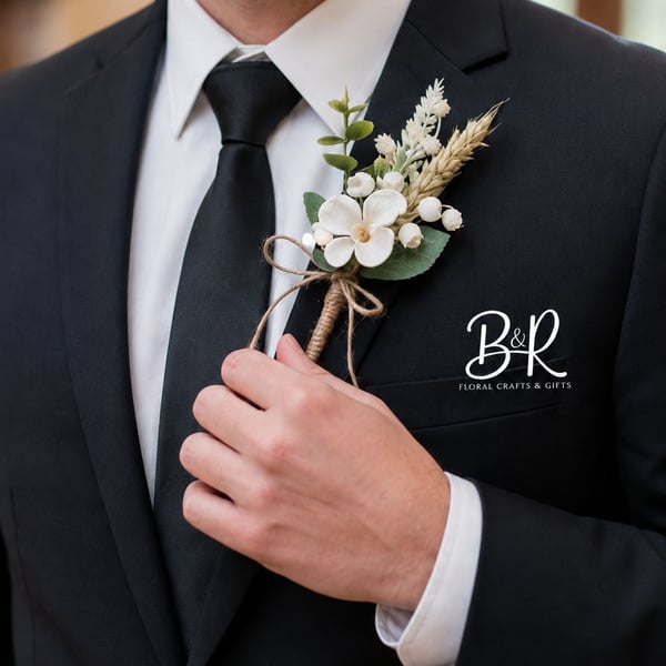 Artificial Buttonhole: Ivory White Flowers, Lily of the Valley, Wheat, Twine