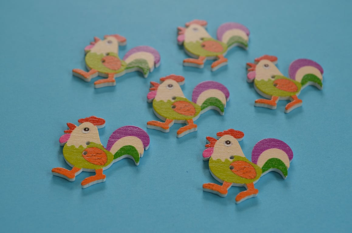 Wooden Cockerel Buttons Green Pink Purple 6pk 30x30mm Chicken Hen (CK8)