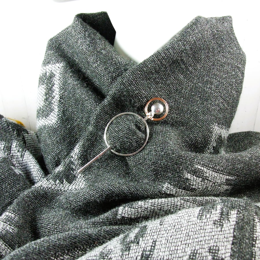 Shawl Pin, Sterling Silver and Copper Circle for Scarf, Shawl, Cardi or Wrap