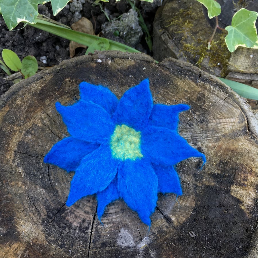 Flower brooch, corsage or lapel pin, wet felted in medium blue merino wool