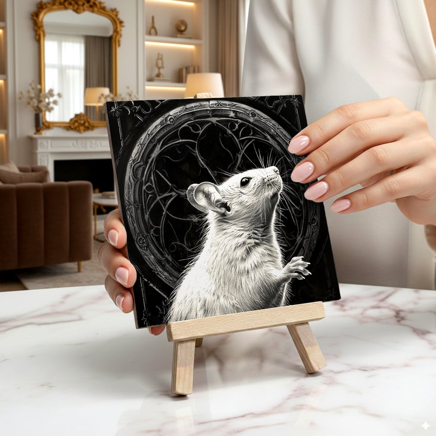 The Mouse Ceramic Tile Art On Easel - Gothic Home Decor - Room Decor