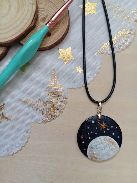 Celestial moon hand painted wooden necklace 
