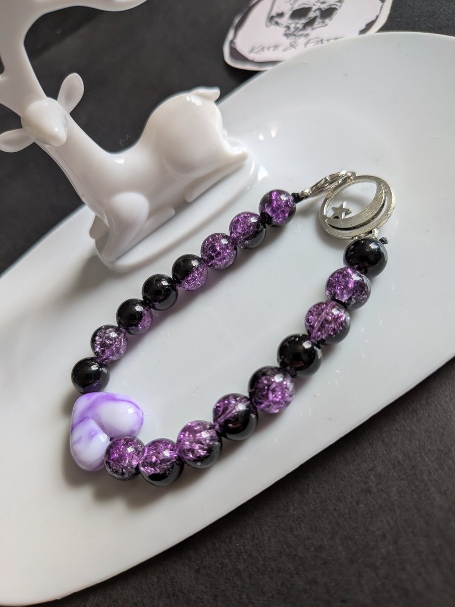 Purple&black beaded bracelet with heart, moon and star