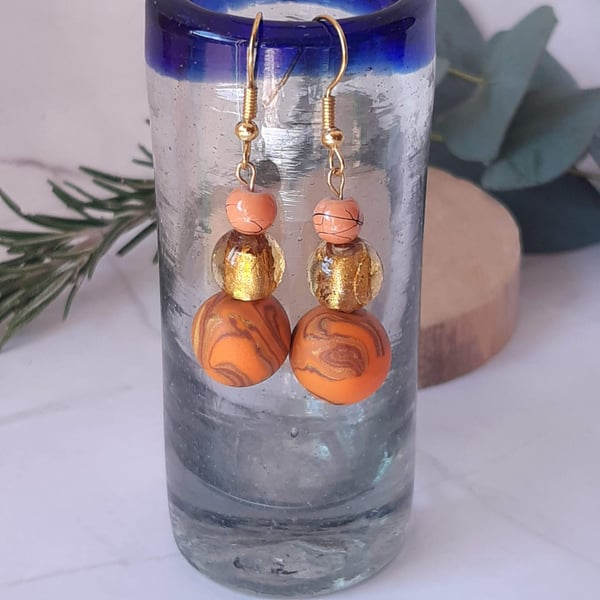  Burnt orange, brown and gold dangly polymer clay earrings