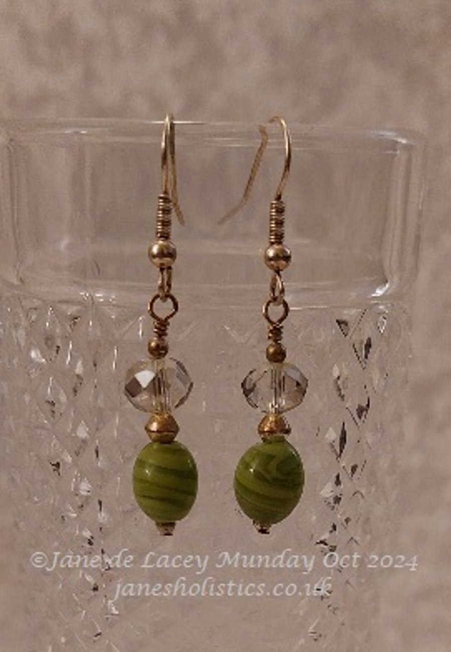 Swirly Green and Smokey crystal Drop Earrings