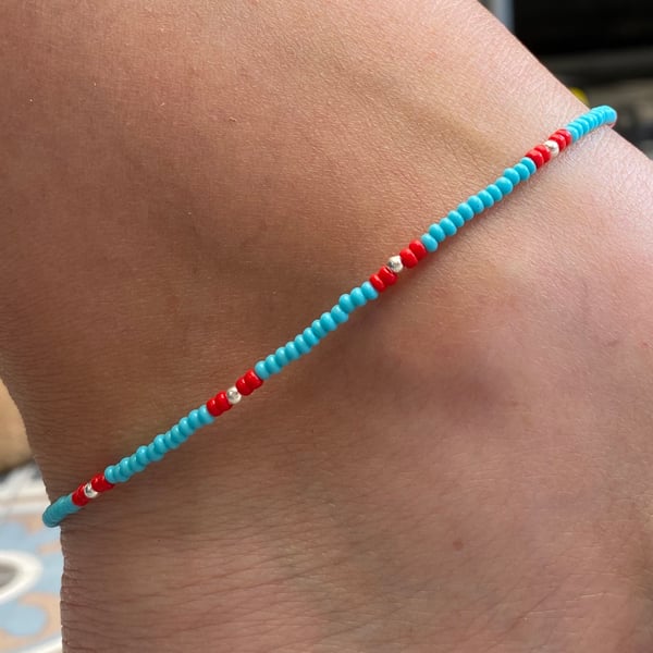 Turquoise & Red Beaded Anklet. Sterling Silver. Extension Chain. 
