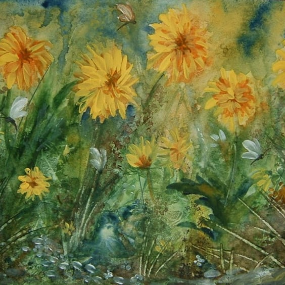 watercolour original  art painting garden impressionist (ref 885)