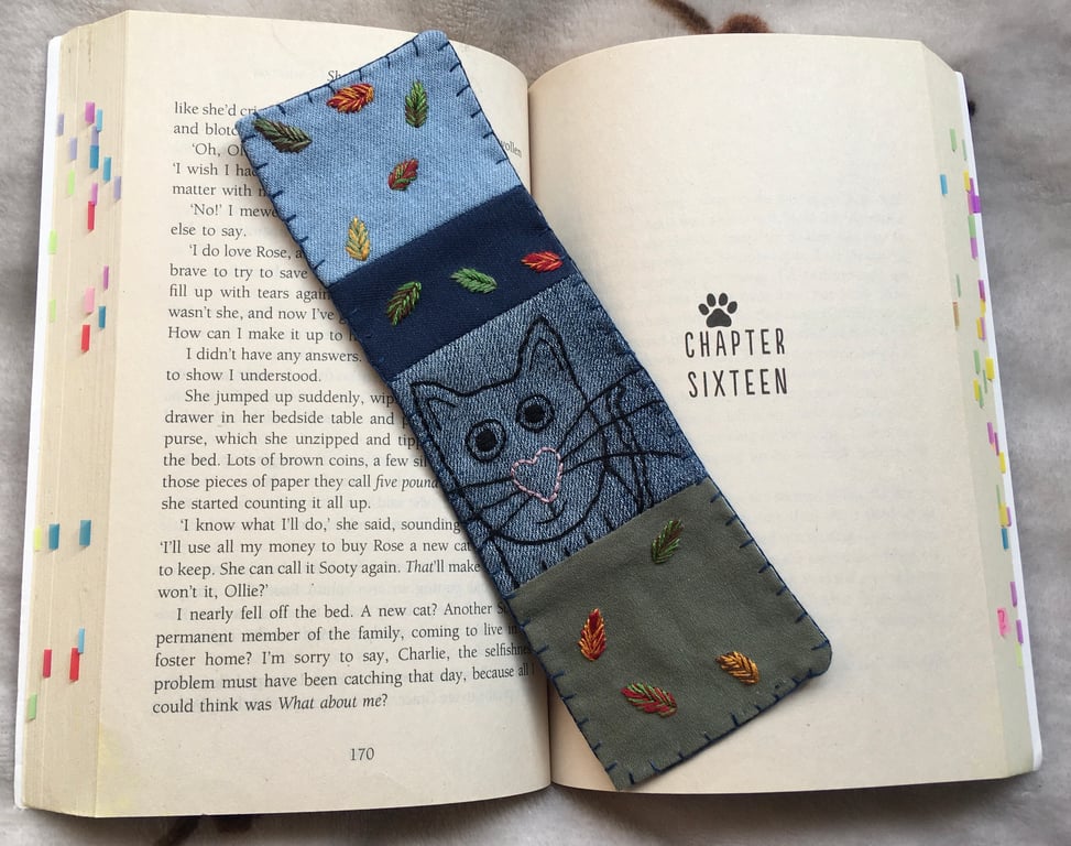 Hand Embroidered Fabric Cat Bookmark