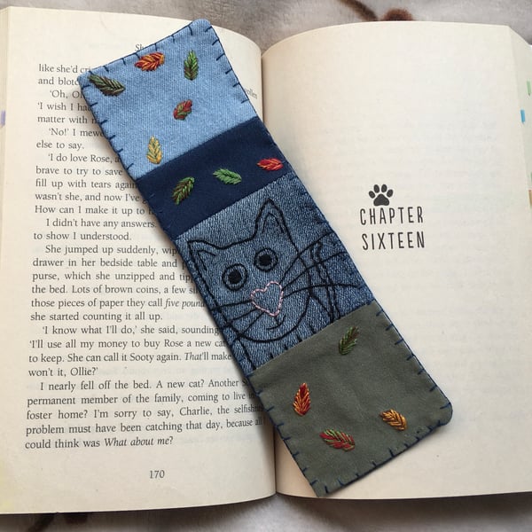 Hand Embroidered Fabric Cat Bookmark