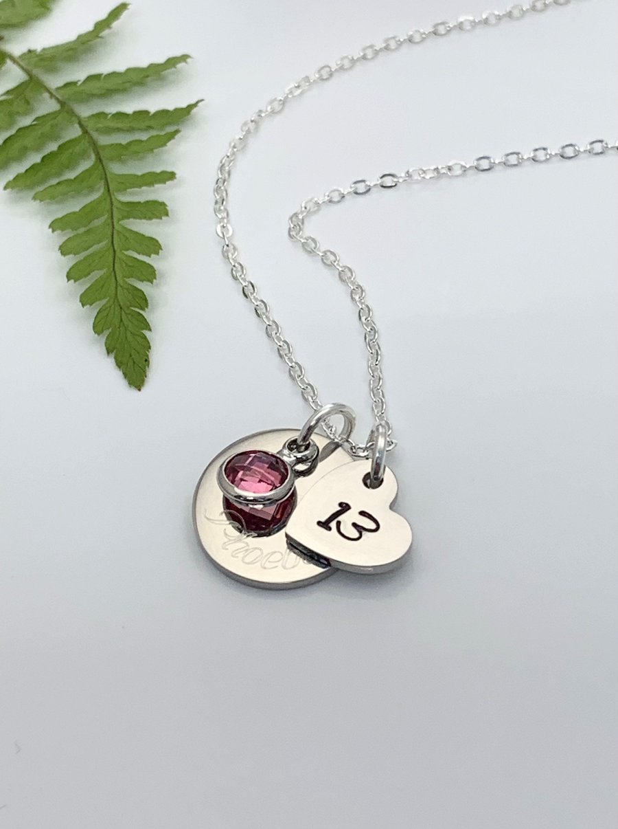 Silver Personalised 13th Birthday Name Age & Birthstone Necklace Heart