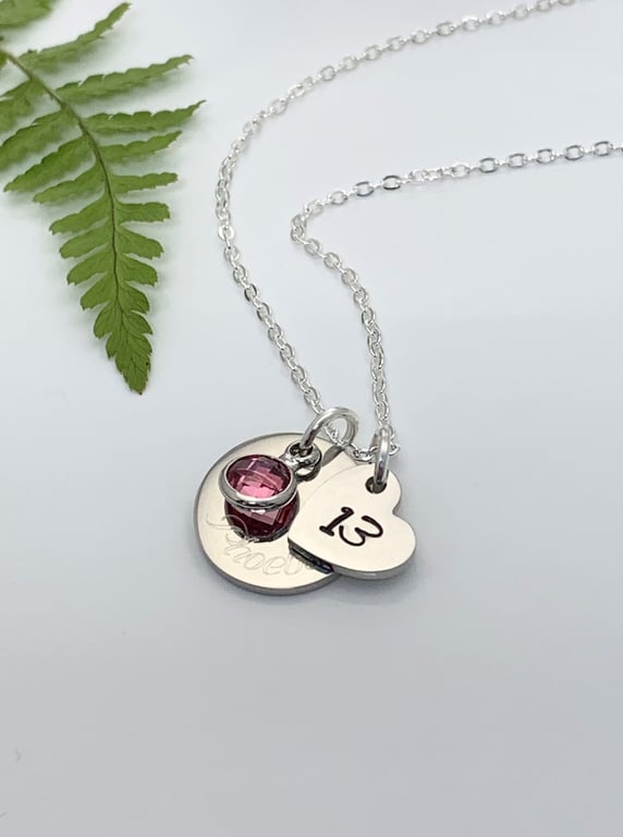 Silver Personalised 13th Birthday Name Age & Birthstone Necklace Heart