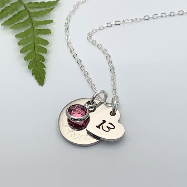 Silver Personalised 13th Birthday Name Age & Birthstone Necklace Heart