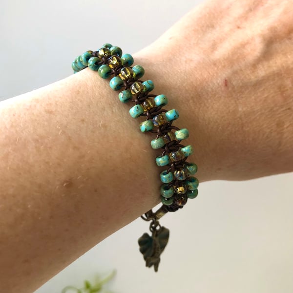 Turquoise Beaded Macrame Bracelet With Dragonfly Clasp & Leaf & Bird Charm