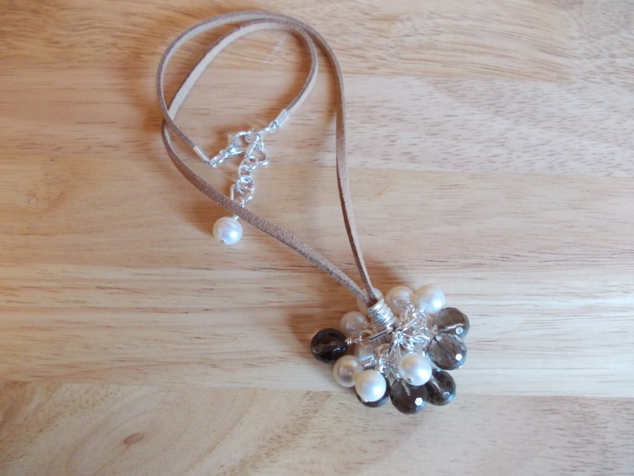 Smokey quartz and cream pearl cluster pendant