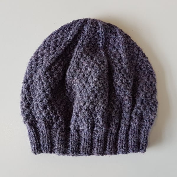 Beanie Hat in Purple Heather Aran Wool 