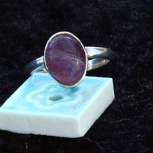 Classic Style Purple Gemstone Silver Stacking Ring - Size M