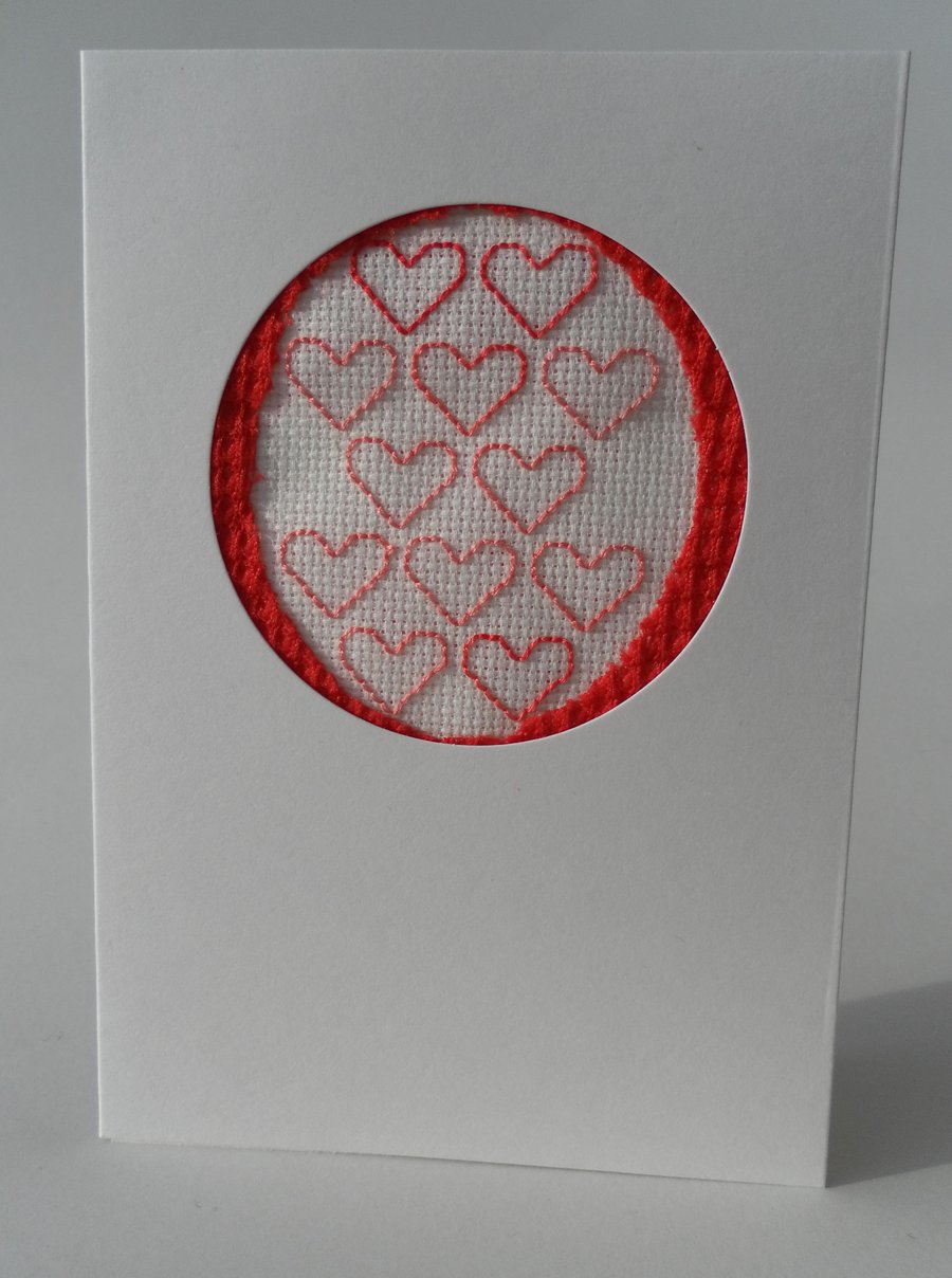 Valentine’s Day Card, Red and Pink Embroidered Hearts,