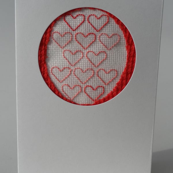 Valentine’s Day Card, Red and Pink Embroidered Hearts,