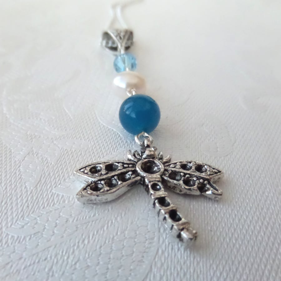 Dragonfly charm necklace, with pearl, gemstone & crystal by Swarovski®