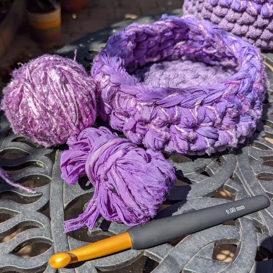 Seconds Sunday, Crochet container, sari silk ribbon, desk tidy, small bowl