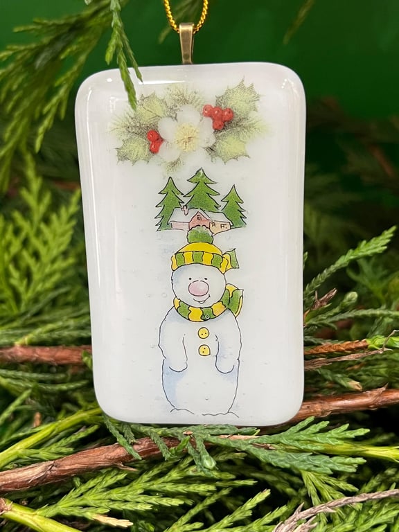 Unique handmade Christmas Card with Artisan Fused Glass Snowman Tree Decorati