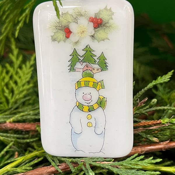 Unique handmade Christmas Card with Artisan Fused Glass Snowman Tree Decorati