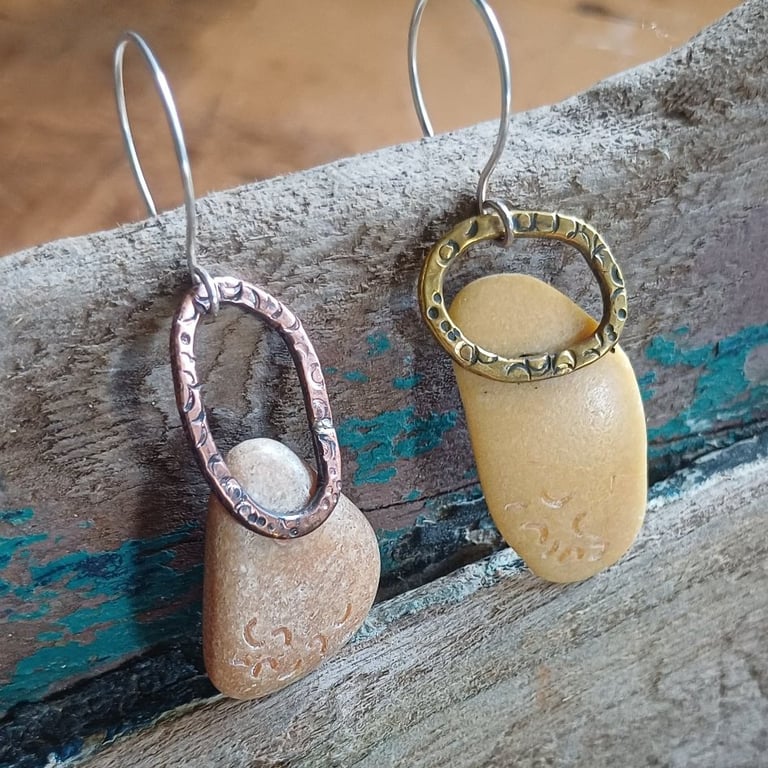 Pebble Earrings, copper, brass, silver and beach plastic, mismatched earrings.