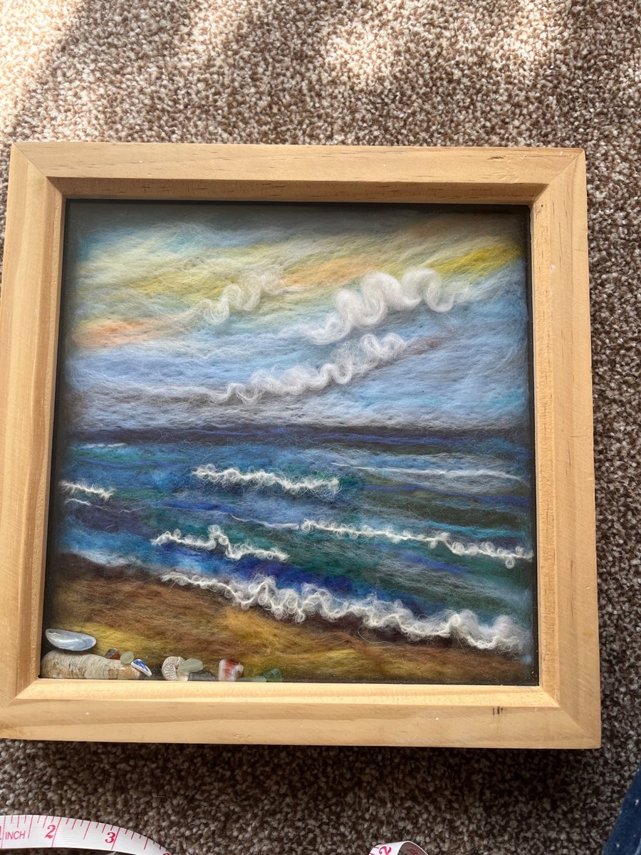 Beach scene with Seaglass , shells and  pottery pine frame sea, sky, beach 