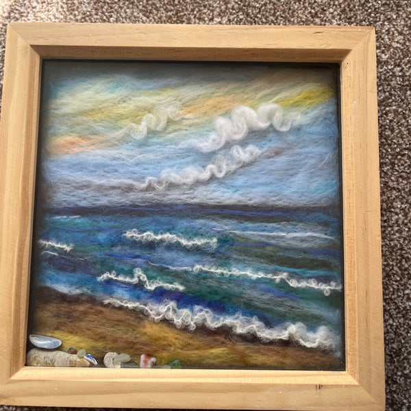 Beach scene with Seaglass , shells and  pottery pine frame sea, sky, beach 