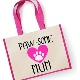 Paw-Some Mum Large Jute Shopper Bag Mothers Day Birthday Christmas Pet Paw Cat D