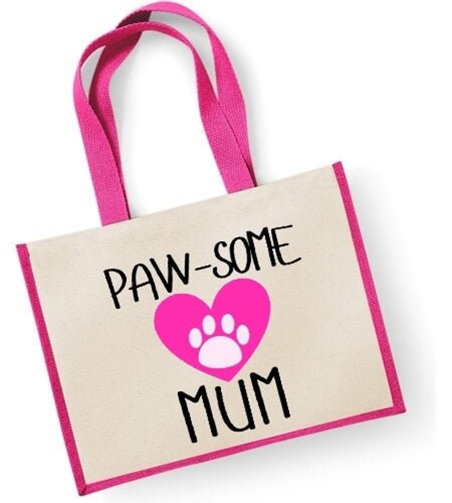 Paw-Some Mum Large Jute Shopper Bag Mothers Day Birthday Christmas Pet Paw Cat D