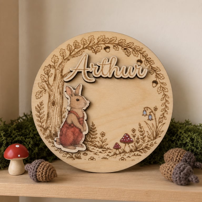 Personalised Arthur Rabbit Wooden Name Plaque – Woodland Nursery Décor