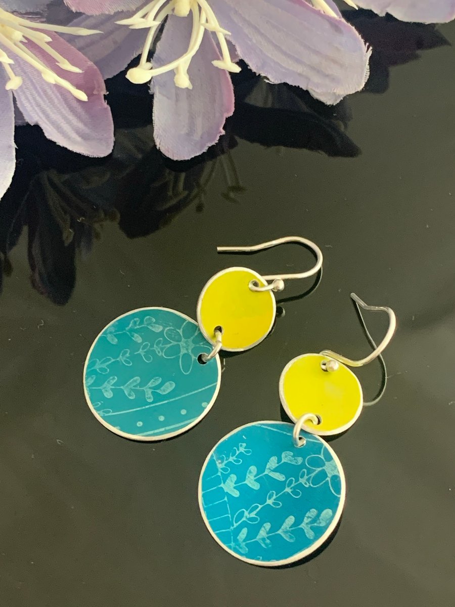 Water colour collection - hand painted aluminium earrings teal and lime